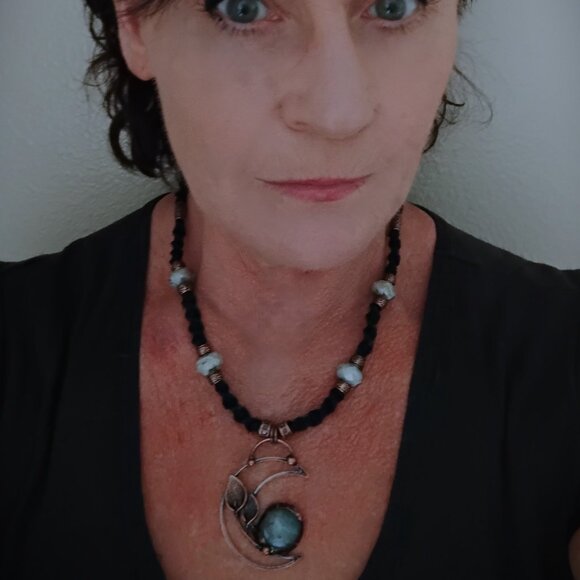 Dynamic Copper-Toned Moonstone & Leafs Crescent Moon on a Handmade Black Chain - Picture 2 of 7